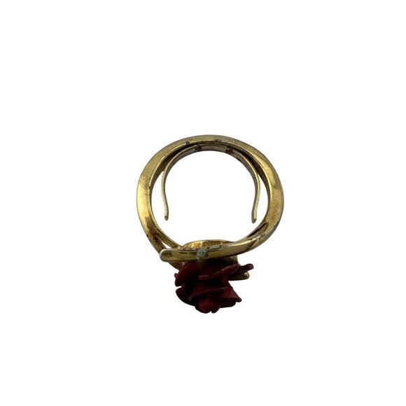 Women's Beautiful Gold Tone Red Rose Flower Ring - Picture 7 of 15